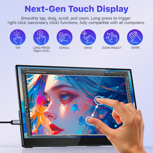 VisionOwl Portable Monitor Touchscreen 15.6 Inch 10-Point Touch Screen with Tempered Glass Laptop Monitor, USB-C HDMI Portable Screen for Laptop PC MacBook, Built-in Kickstand Speakers, VESA Holes