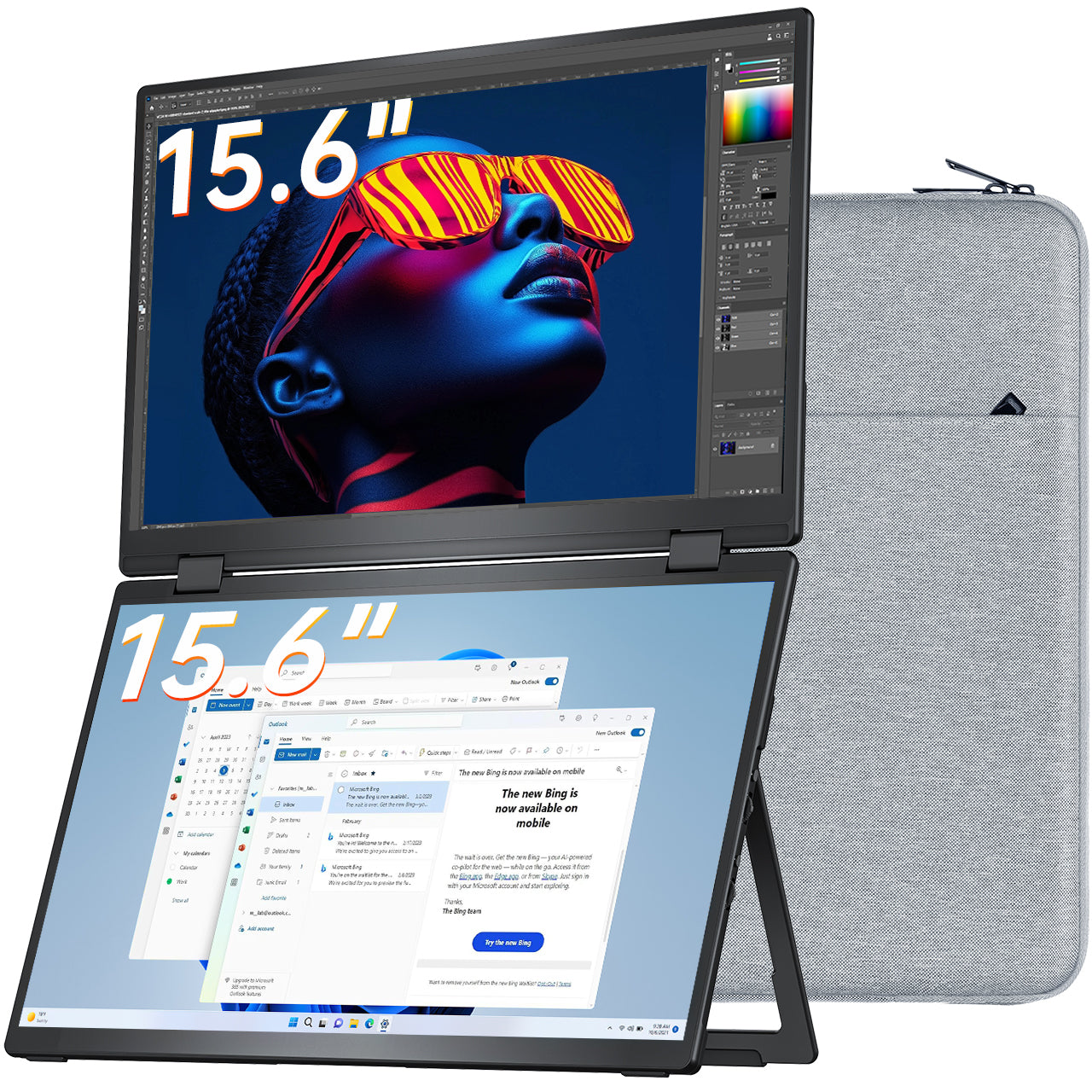 VisionOwl Portable Monitor 15.6 Inch 1080P Dual Foldable Laptop Monitor, HDR USB-C HDMI IPS Portable Screen for Laptop PC MacBook Pro Air PS5 Xbox, Built-in Kickstand Speakers, VESA Mountable