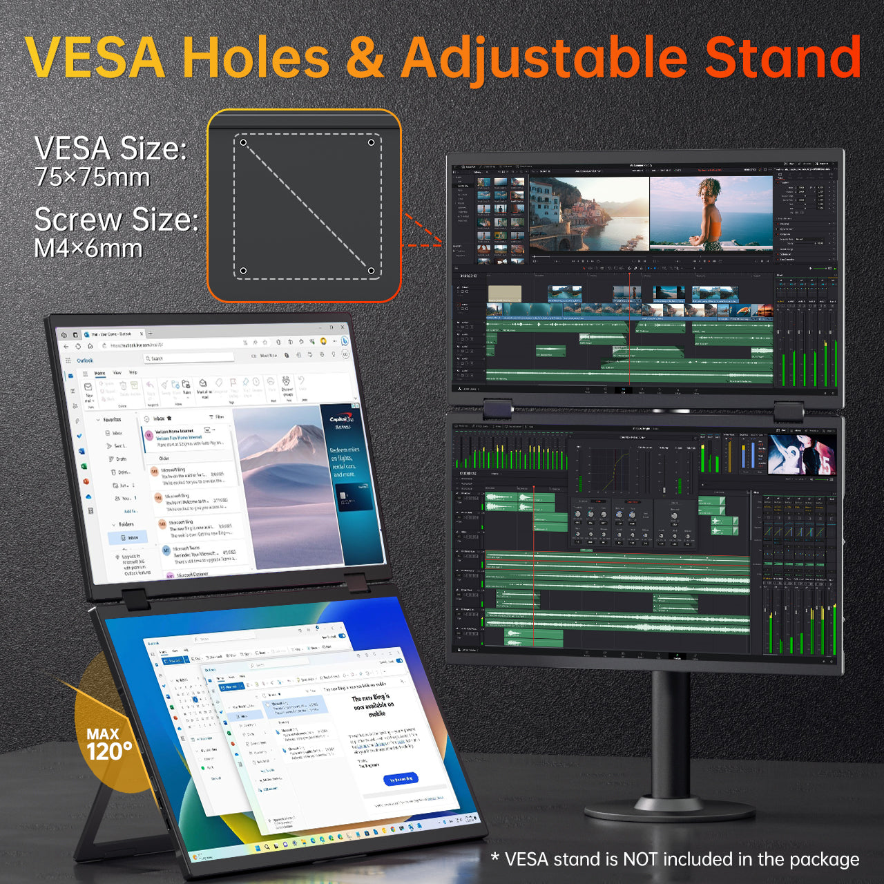 VisionOwl Portable Monitor 15.6 Inch 1080P Dual Foldable Laptop Monitor, HDR USB-C HDMI IPS Portable Screen for Laptop PC MacBook Pro Air PS5 Xbox, Built-in Kickstand Speakers, VESA Mountable