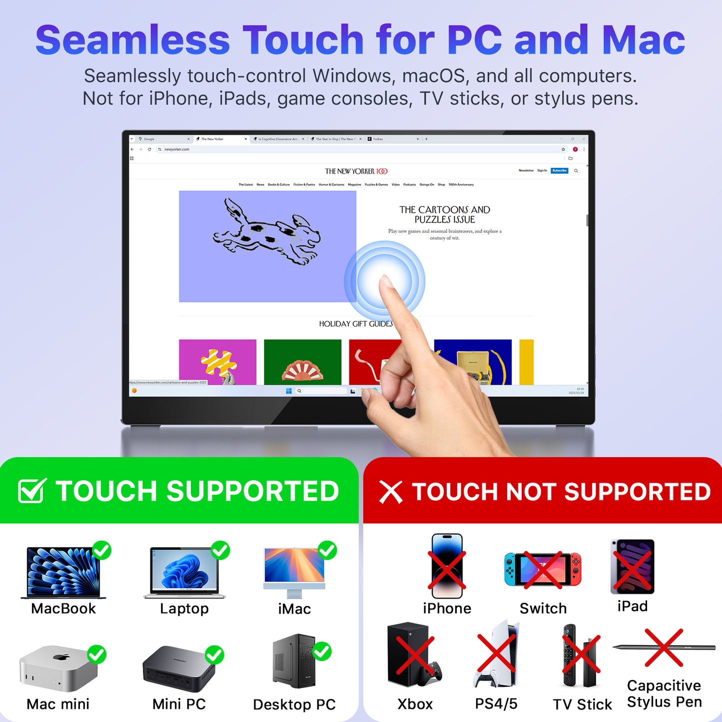 VisionOwl Portable Monitor Touchscreen 15.6 Inch 10-Point Touch Screen with Tempered Glass Laptop Monitor, USB-C HDMI Portable Screen for Laptop PC MacBook, Built-in Kickstand Speakers, VESA Holes