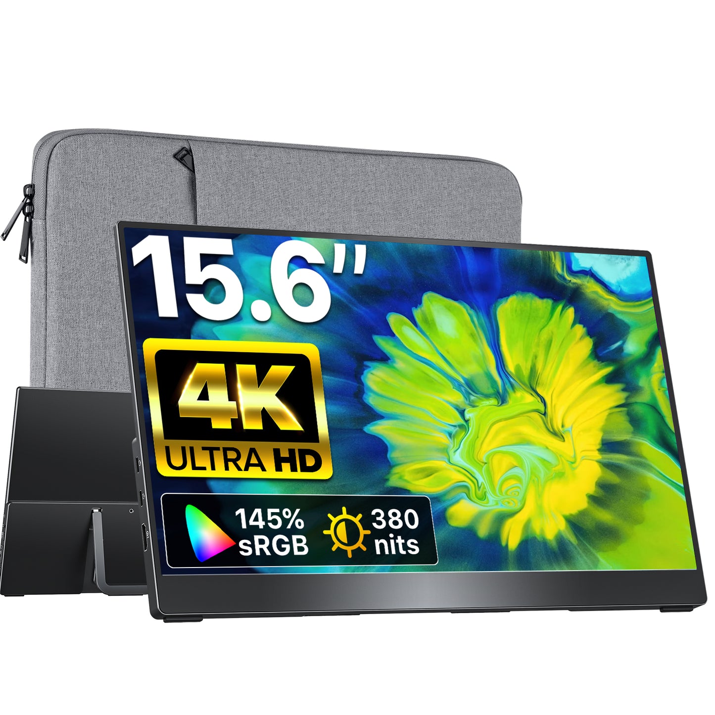 VisionOwl Portable Monitor 15.6 Inch 4K UHD 145% sRGB Second Screen, USB-C HDMI HDR FreeSync Travel Monitor for Laptop MacBook PC PS5 Xbox, VESA Mountable, with Speakers, Adjustable Kickstand