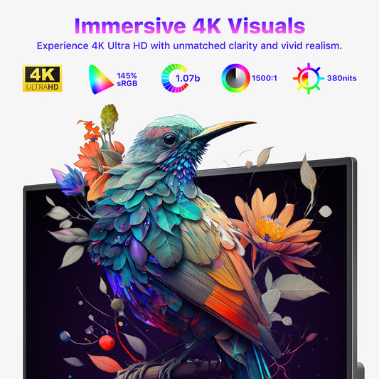 VisionOwl Portable Monitor 15.6 Inch 4K UHD 145% sRGB Second Screen, USB-C HDMI HDR FreeSync Travel Monitor for Laptop MacBook PC PS5 Xbox, VESA Mountable, with Speakers, Adjustable Kickstand