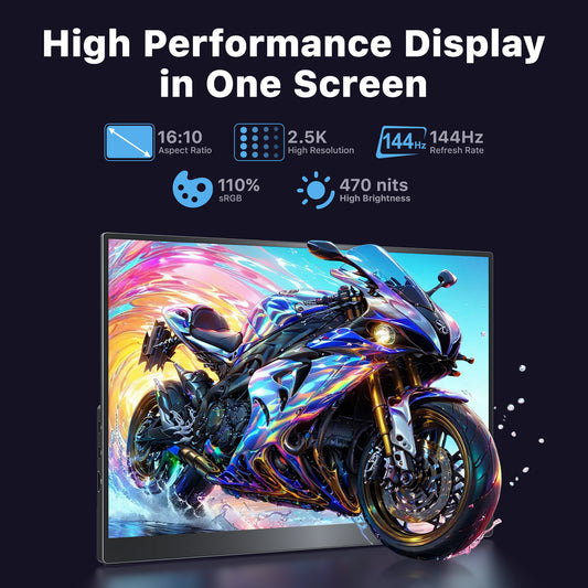 VisionOwl Portable Monitor 16 Inch 2.5K QHD 144Hz 16:10 Second Screen, USB-C HDMI HDR Travel Monitor for Laptop PC MacBook PS5 Xbox, VESA Mountable, with Speakers, Built-in Kickstand