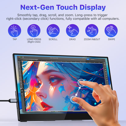 VisionOwl Portable Monitor Touchscreen 15.6 Inch 1080P 90% sRGB 10-Point Touch Screen with Tempered Glass USB-C HDMI Travel Monitor for Laptop MacBook PC PS5, with VESA Holes, Built-in Kickstand