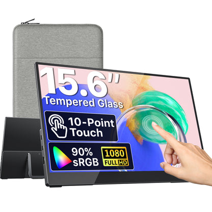 VisionOwl Portable Monitor Touchscreen 15.6 Inch 1080P 90% sRGB 10-Point Touch Screen with Tempered Glass USB-C HDMI Travel Monitor for Laptop MacBook PC PS5, with VESA Holes, Built-in Kickstand