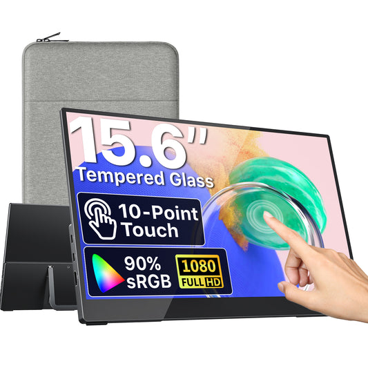 VisionOwl Portable Monitor Touchscreen 15.6 Inch 1080P 90% sRGB 10-Point Touch Screen with Tempered Glass USB-C HDMI Travel Monitor for Laptop MacBook PC PS5, with VESA Holes, Built-in Kickstand