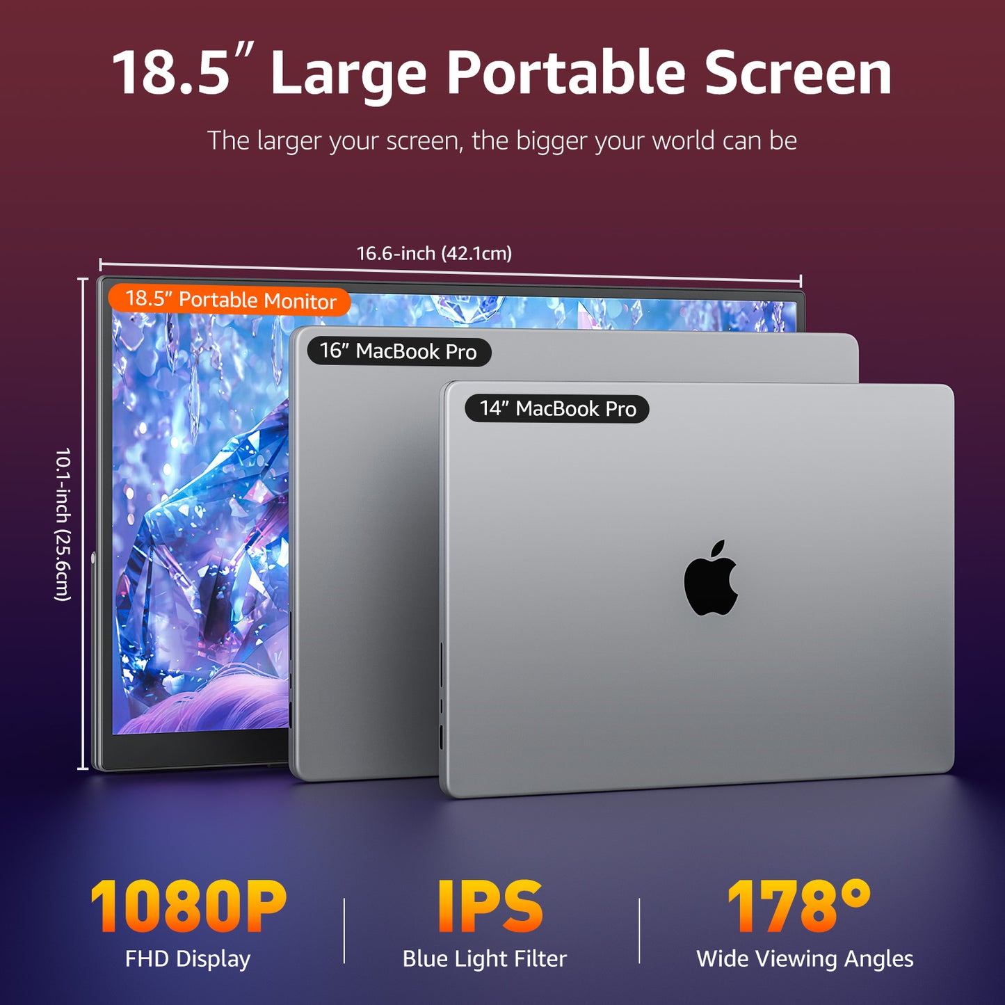 VisionOwl Large Portable Monitor-18.5 Inch Computer Gaming Display 100Hz 125% sRGB FHD 1080P USB-C HDMI IPS Screen