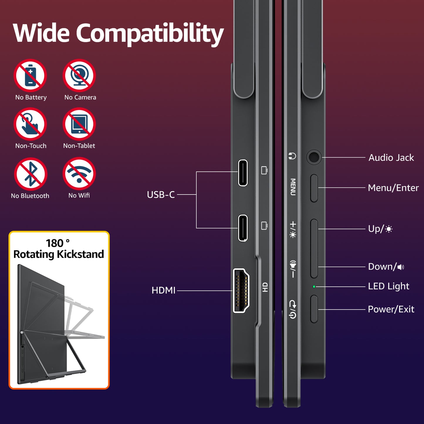 VisionOwl Large Portable Monitor-18.5 Inch Computer Gaming Display 100Hz 125% sRGB FHD 1080P USB-C HDMI IPS Screen