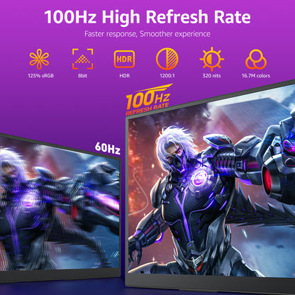 VisionOwl 18.5 Inch Portable Monitor, 100Hz FHD 1080P IPS Display, 125% sRGB, USB-C & HDMI, Built-in Stand & Speakers, VESA Compatible, External Screen for Laptop, Mac, Surface, Xbox, PS5/PS4