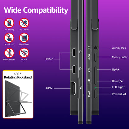 VisionOwl 18.5 Inch Portable Monitor, 100Hz FHD 1080P IPS Display, 125% sRGB, USB-C & HDMI, Built-in Stand & Speakers, VESA Compatible, External Screen for Laptop, Mac, Surface, Xbox, PS5/PS4