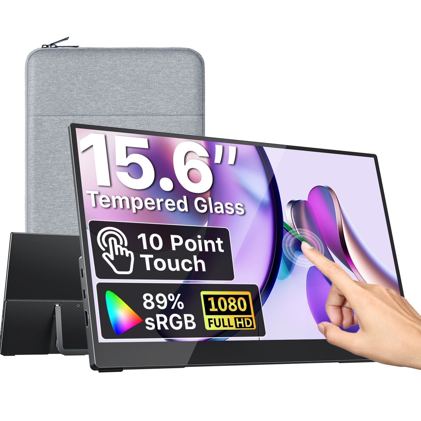 VisionOwl Portable Monitor Touchscreen 15.6 Inch 10-Point Touch Screen with Tempered Glass Laptop Monitor, USB-C HDMI Portable Screen for Laptop PC MacBook, Built-in Kickstand Speakers, VESA Holes